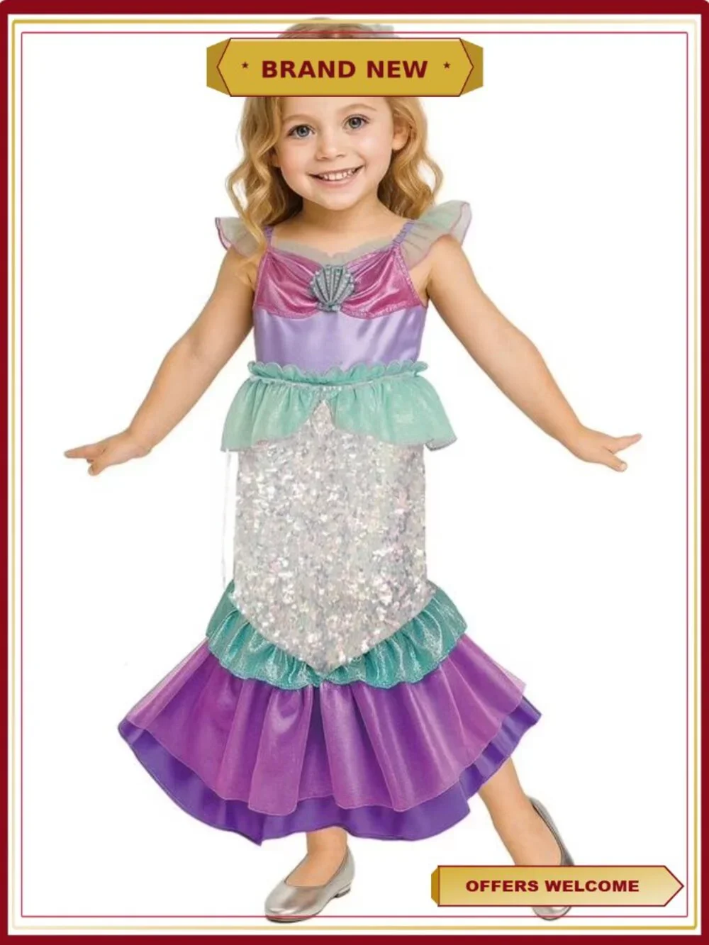 Girls Mermaid Costume Dress 3T-4T with Hair Clip Halloween